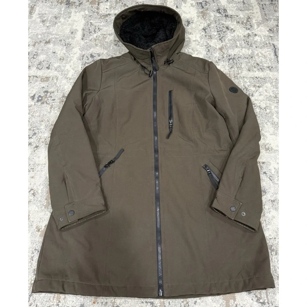 Calvin Klein Brown Hooded Faux Fur Lines Raincoat Anorak Jacket Coat‎ Large